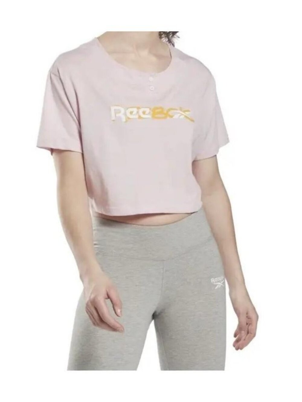 Reebok Womens Pink Cropped Button Short Sleeve T-Shirt Top Size Large